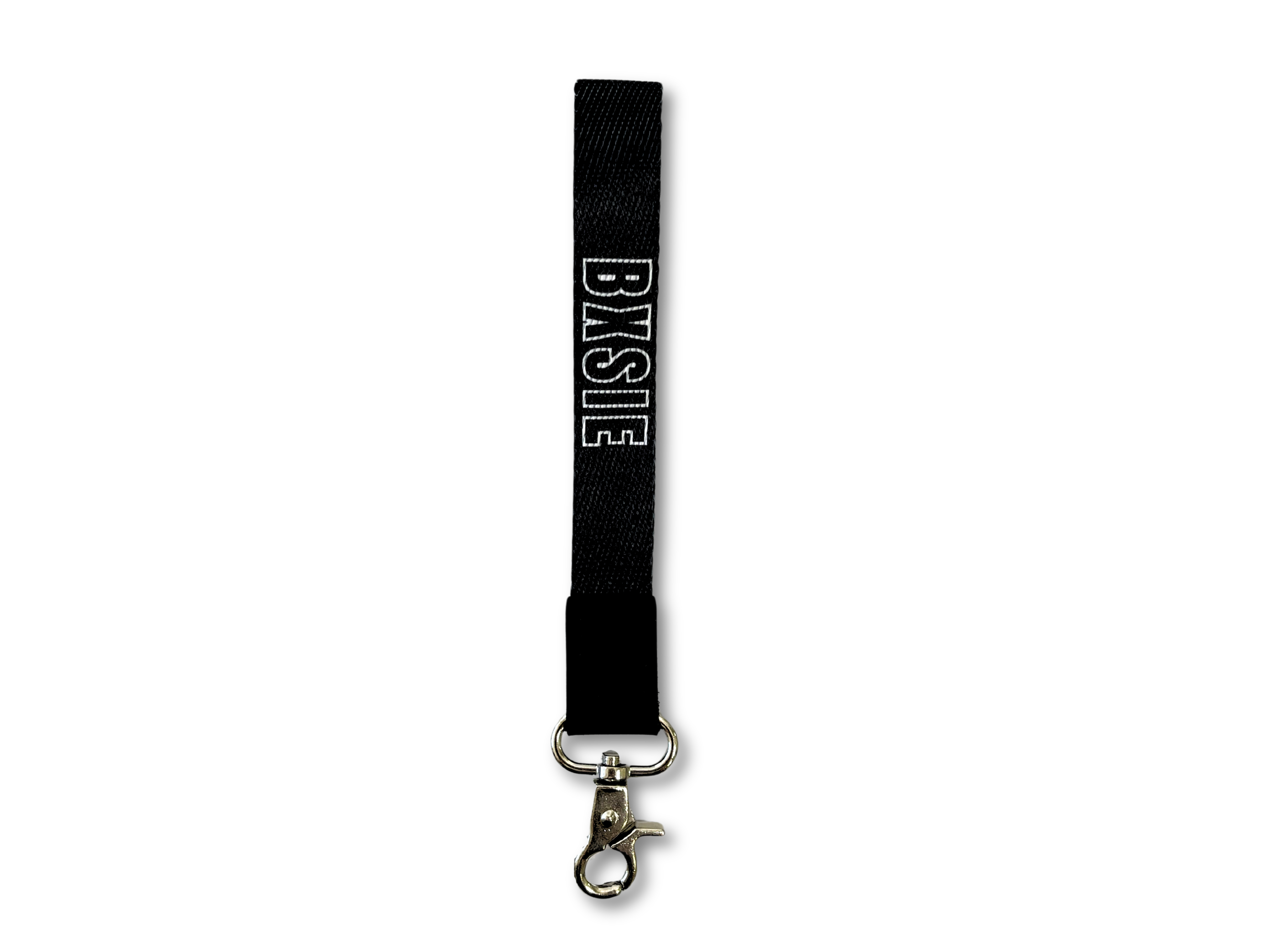 bxsie onyx black keychain wristlet, front view, key fob lanyard