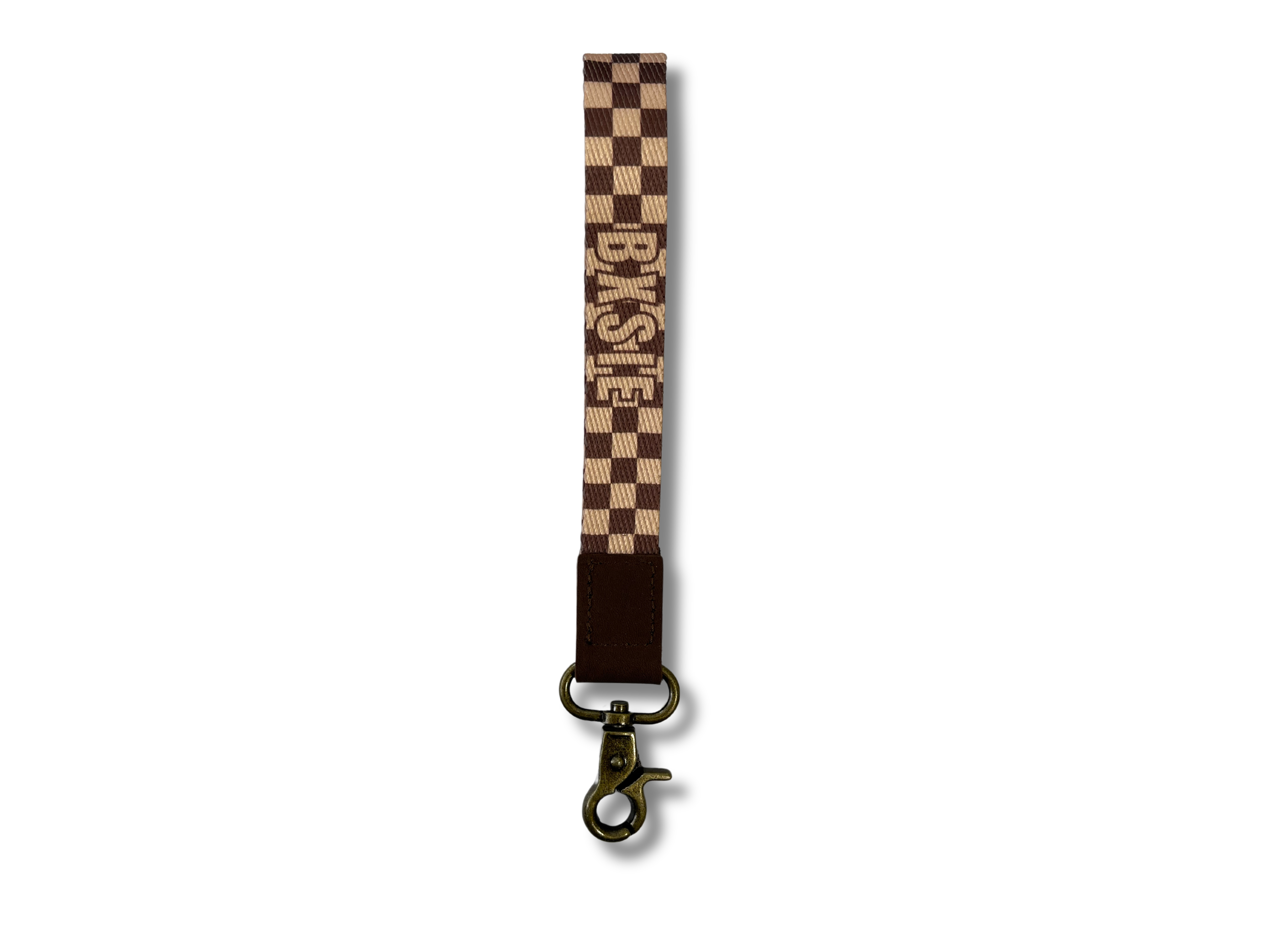 Bxsie Keychain Wristlet, Brown checkered, front view, swivel clasp for keys 