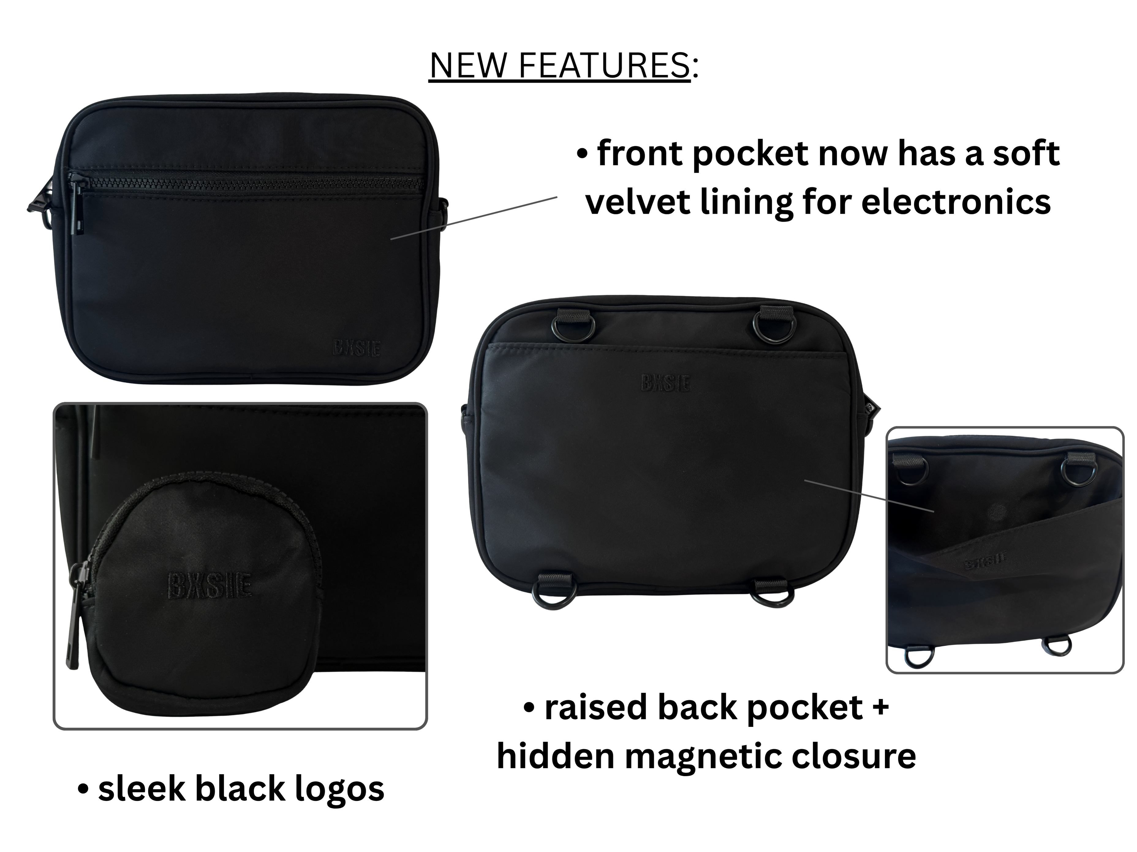 Black bag with features highlighted, including a soft velvet lining for electronics and a hidden magnetic closure.