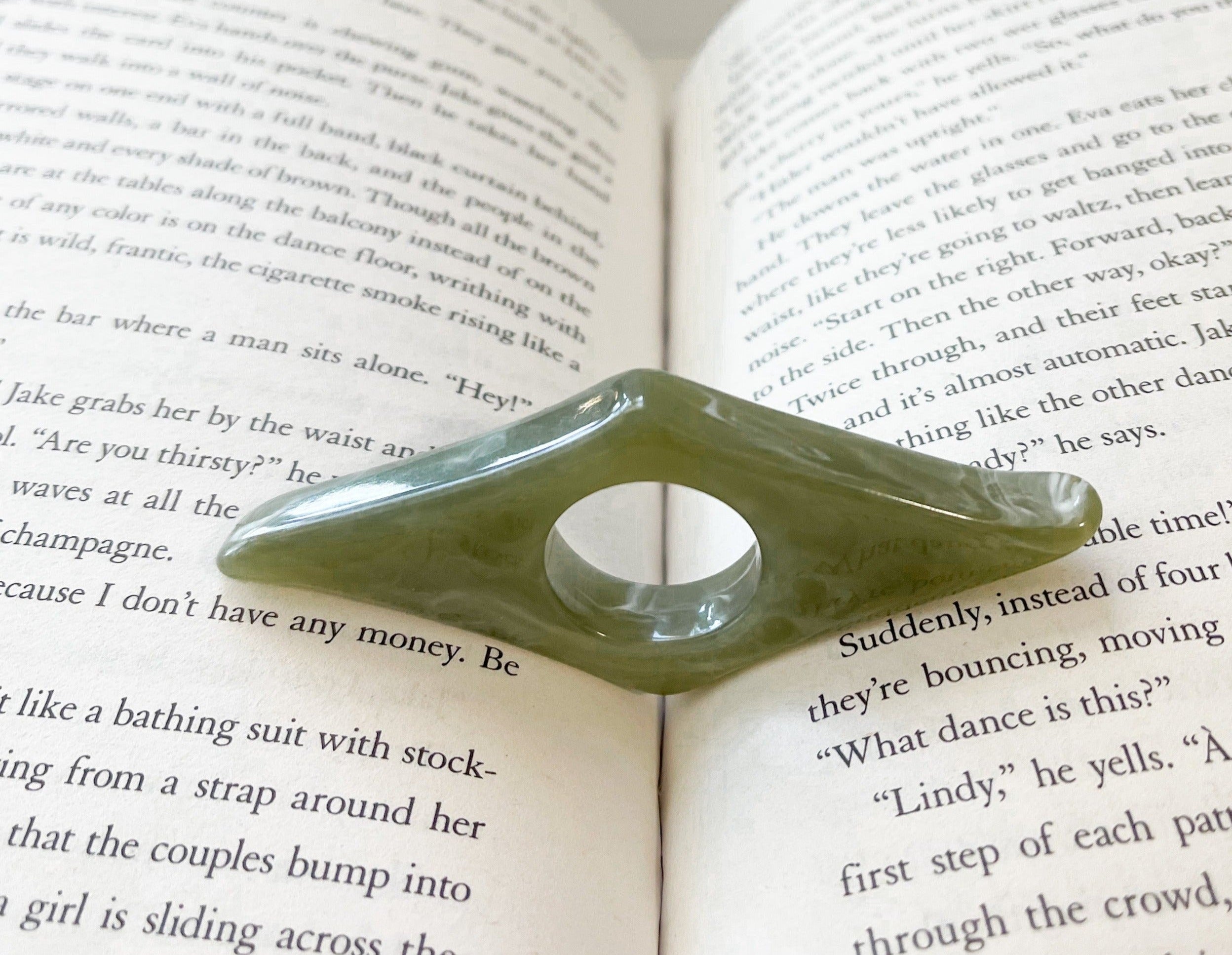 Jade Olive Green Book page holder spreader thumb, front view